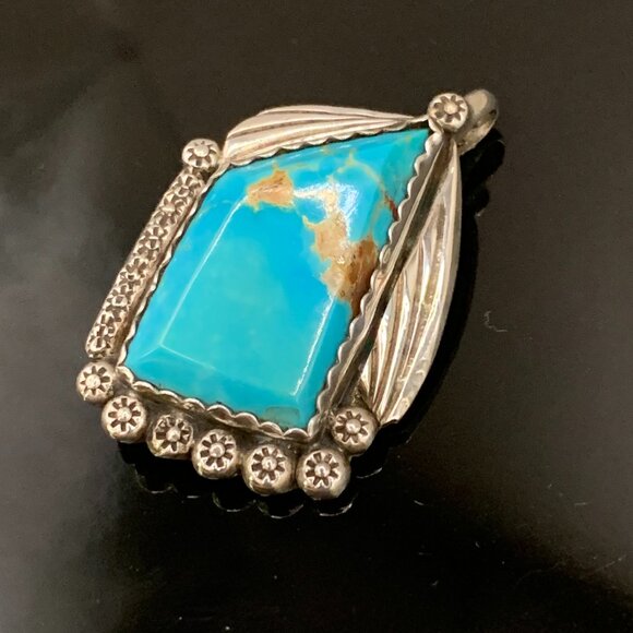 Native American Navajo Turquoise Sterling Silver Pendant Brooch Pin Signed R - Picture 2 of 15